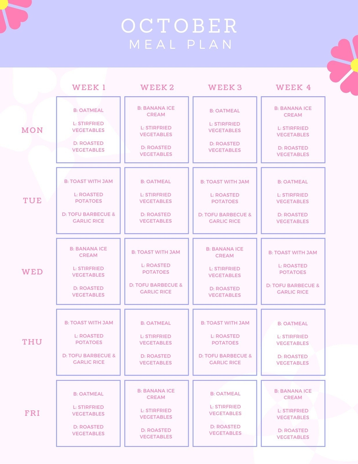 Monthly Meal Plan Printable Template Free